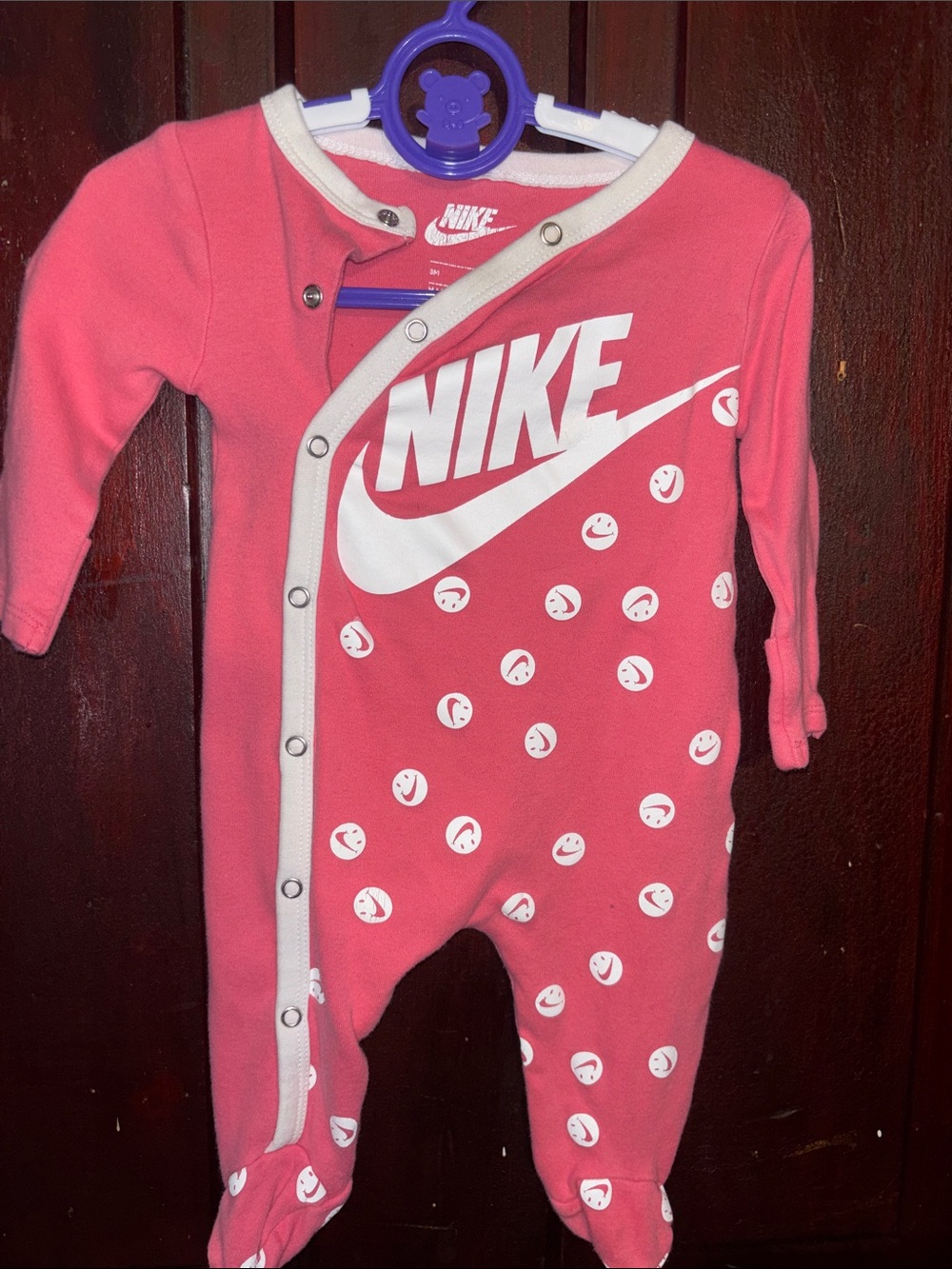 Nike Coral Pink Baby Footed One-Piece with White Logo